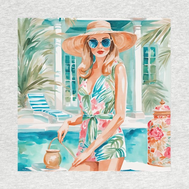 Girl in preppy outfit near the swimming pool by SophieClimaArt